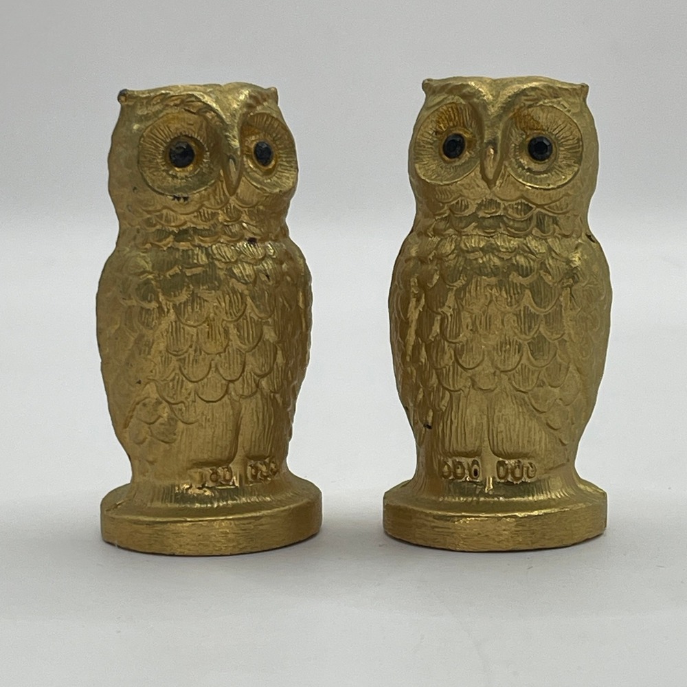 Vintage TanCraft Gold Plated Metal Owl Salt Pepper Shakers Set Mid Century MCM